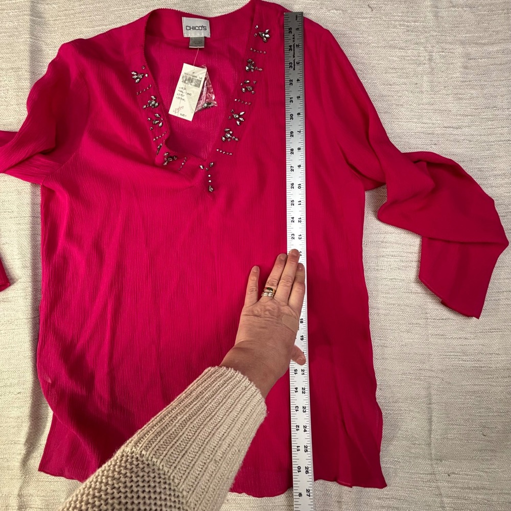 Chicos Pink 100% Silk Sheer Beaded V Neck Tunic Top Blouse Size 1 (M) Dressy - Picture 8 of 8